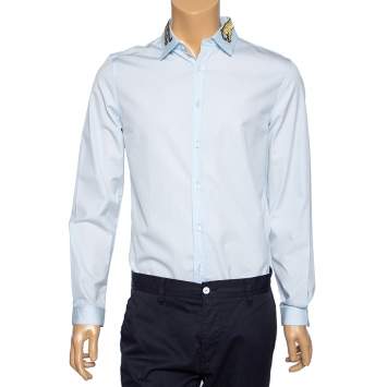 Pre Owned Gucci Light Blue Cotton Tiger Applique Collar Detail Shirt M