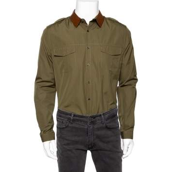 Pre Owned Gucci Green Cotton & Leather Trim Collared Duke Fit Military Shirt XL
