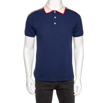 Pre Owned Gucci Blue Cotton Pique Web Stripe Logo Trimmed Polo T-Shirt L
