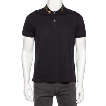 Pre Owned Gucci Black Cotton Pique Embroidered Collar Detailed Polo T-Shirt L