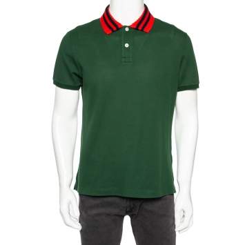 Pre Owned Gucci Green Cotton Pique & Rib Knit Trimmed Polo T-Shirt L