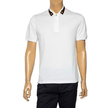 Pre Owned Gucci White Cotton Pique Embroidered Collar Detail Polo T-Shirt L