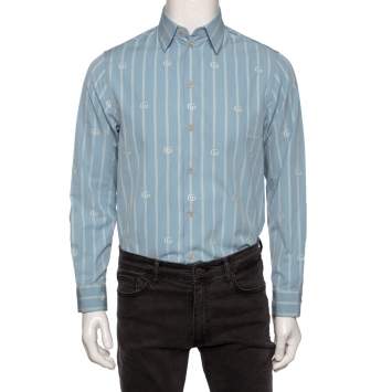 Pre Owned Gucci Blue GG Striped Cotton Button Front Shirt M