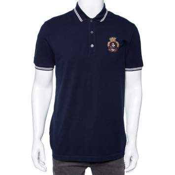 Pre Owned Gucci Navy Blue Cotton Pique Crest Embroidered Polo T-Shirt XL