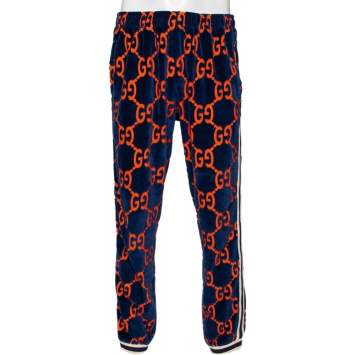 Pre Owned Gucci Navy Blue & Orange Logo Devore Sweatpants L