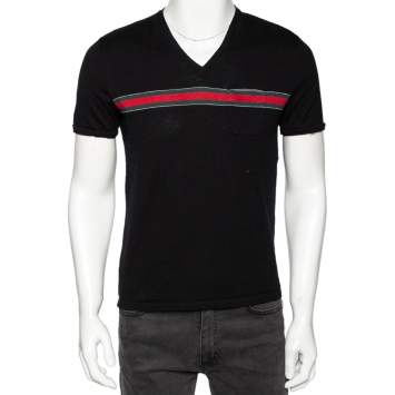 Pre Owned Gucci Black Cotton Knit Web Stripe Detail V-Neck t-Shirt L