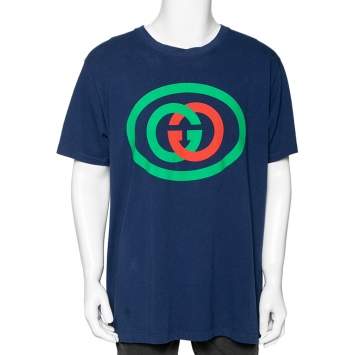 Pre Owned Gucci Blue GG Logo Printed Cotton Short Sleeve T-Shirt M
