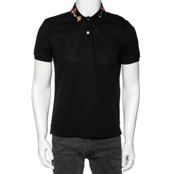 Pre Owned Gucci Black Stretch Cotton Snake Embroidered Polo T-Shirt M