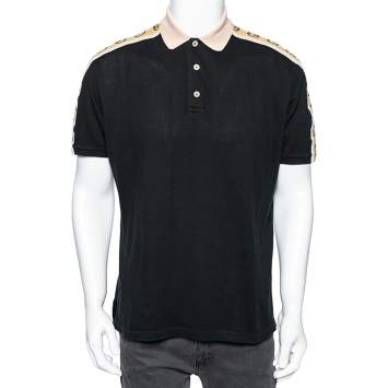 Pre Owned Gucci Black Cotton Pique Interlocking G Stripe Trimmed Polo T-Shirt XL