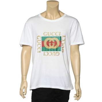 Pre Owned Gucci White Cotton Logo Printed Crewneck T-Shirt M