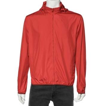 Pre Owned Gucci Orange Synthetic Concealed Hood Detail Windbreaker Jacket L