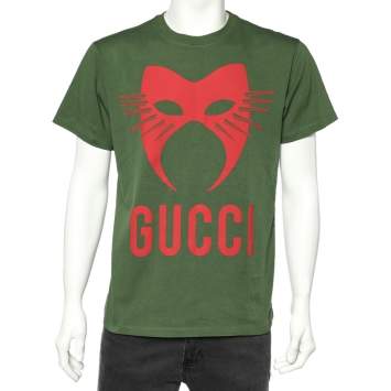 Pre Owned Gucci Green Logo Mask Print Cotton Oversized T-Shirt S