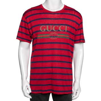 Pre Owned Gucci Red & Blue Striped Linen Knit Logo Printed Oversized T Shirt XS