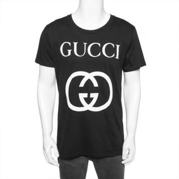 Pre Owned Gucci Black Logo Printed Cotton Short Sleeve T-Shirt S
