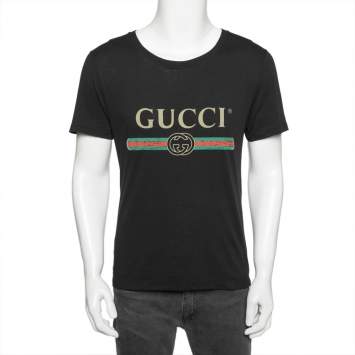 Pre Owned Gucci Black Washed Cotton Logo Printed Oversized T-Shirt XS