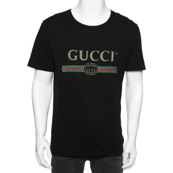Pre Owned Gucci Black Cotton Gucci Logo Crew Neck Short Sleeve T-Shirt S
