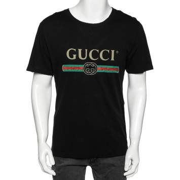 Pre Owned Gucci Black Cotton Logo Printed Crewneck T-Shirt S