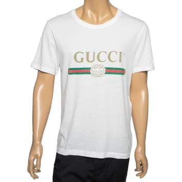 Pre Owned Gucci White Cotton Logo Printed Crew Neck T-Shirt S