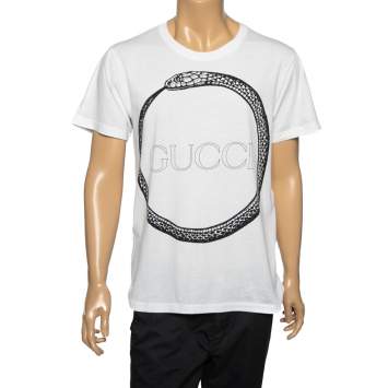 Pre Owned Gucci White Cotton Snake Ring Printed Crew Neck T-Shirt S