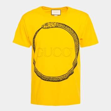 Pre Owned Gucci Yellow Snake Logo Printed Cotton Short Sleeve T-Shirt S