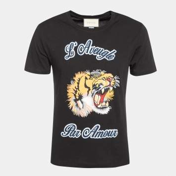 Pre Owned Gucci Black L’Aveugle Par Amour Tiger Embroidered Cotton T-Shirt S