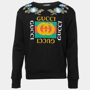 Pre Owned Gucci Black Terry Knit Floral Patch Distressed Sweatshirt S
