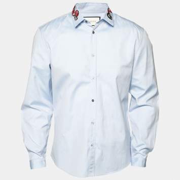 Pre Owned Gucci Blue Cotton Snake Embroidered Collar Duke Shirt XL 