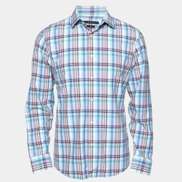 Pre Owned Gucci Blue Checkered Cotton Button Front Shirt XL