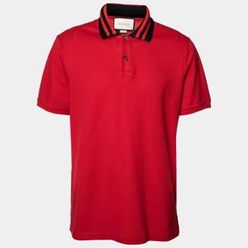 Pre Owned Gucci Red Textured Cotton Knit Collar Short Sleeve T-Shirt XXL