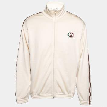 Pre Owned Gucci Cream Knit GG Patch Braided Trim Track Jacket XL