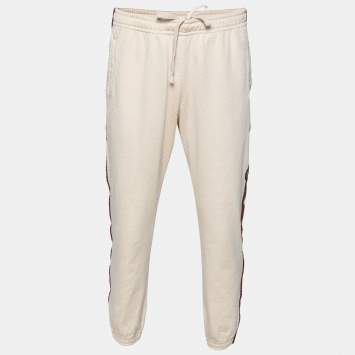 Pre Owned Gucci Cream Knit GG Patch Braided Trim Jogger Pants L