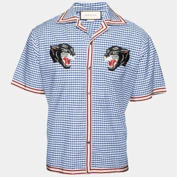 Pre Owned Gucci Blue and White Checkered Cotton Panther Embroidered Gingham Dress Shirt M