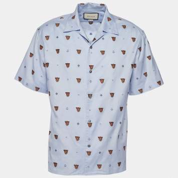 Pre Owned Gucci Pale Blue Cotton Tiger Embroidered Bowling Shirt XL