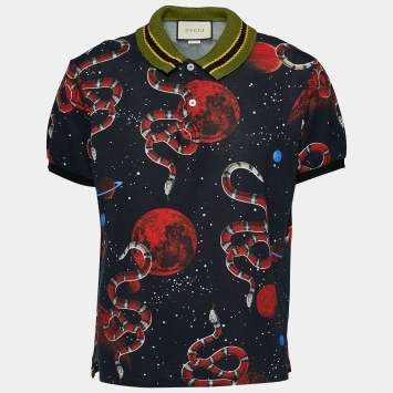 Pre Owned Gucci Navy Blue Space and Snake Printed Cotton Polo T-Shirt XL