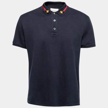 Pre Owned Gucci Navy Blue Cotton Pique Web Stripe Bee Appliqued Polo T-Shirt XXL