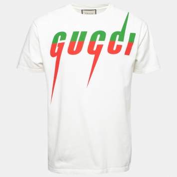 Pre Owned Gucci White Blade Logo Printed Cotton Crew Neck T-shirt S