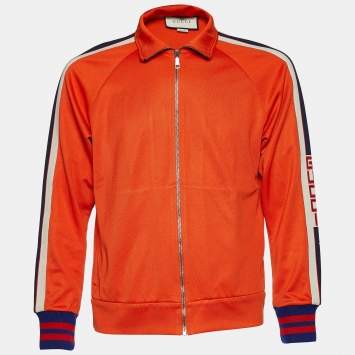 Pre Owned Gucci Orange Jersey Web Stripe Logo Trimmed Jacket S