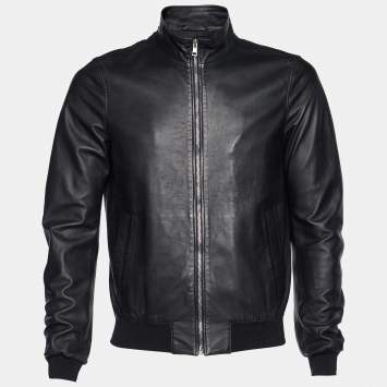 Pre Owned Gucci Black Leather Rib Knit Trimmed Zip Front Jacket S