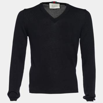 Pre Owned Gucci Black Rib Knit Cotton Web Trim V-Neck Pullover M