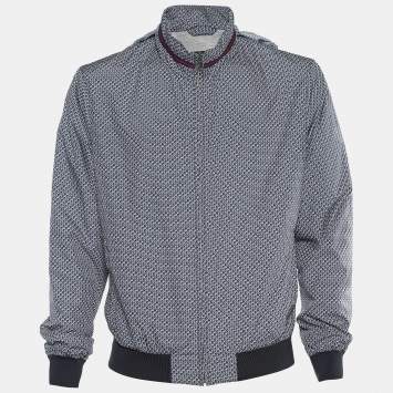 Pre Owned Gucci Blue Synthetic Logo Print Hooded Bomber Jacket L