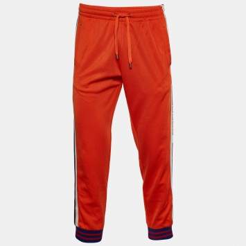 Pre Owned Gucci Orange Technical Jersey Web Stripe Track Pants