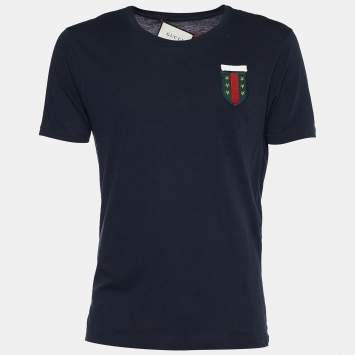 Pre Owned Gucci Dark Blue Cotton Crest Logo Detail T -Shirt M