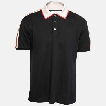 Pre Owned Gucci Black Cotton  Logo Stripe Detail Polo T-Shirt XXXL