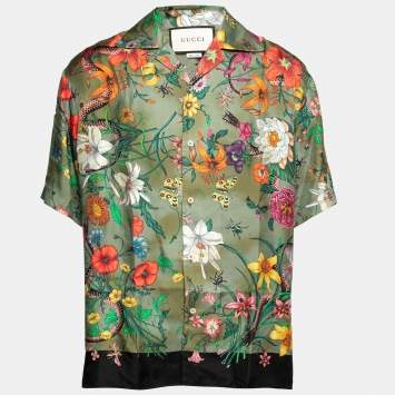 Pre Owned Gucci Green Floral Snake Print Silk Short Sleeve Shirt XXL