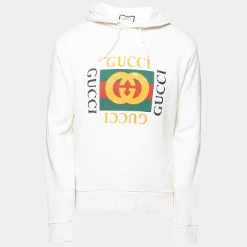 Pre Owned Gucci Off White Logo Printed Cotton Hoodie L