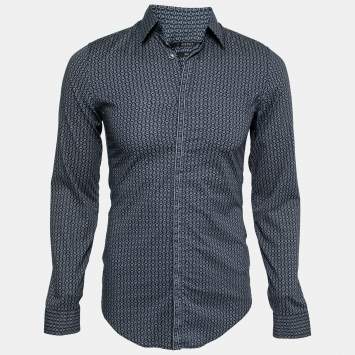 Pre Owned Gucci Navy Blue Printed Cotton Skinny Fit Button Front Shirt S