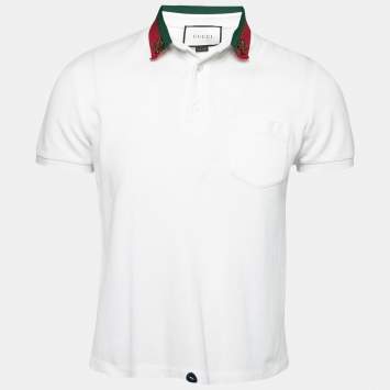 Pre Owned Gucci White Cotton Pique Embroidered Bee Detail Polo T-Shirt S