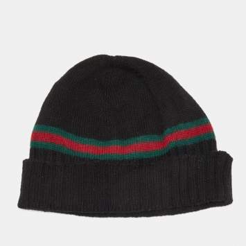 Pre Owned Gucci Black Rib Knit Wool Web Stripe Beanie L