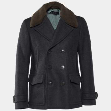 Pre Owned Gucci Charcoal Grey Wool Shearling Collar Pea Coat M