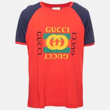 Pre Owned Gucci Red Logo Printed Crew Neck T-Shirt L